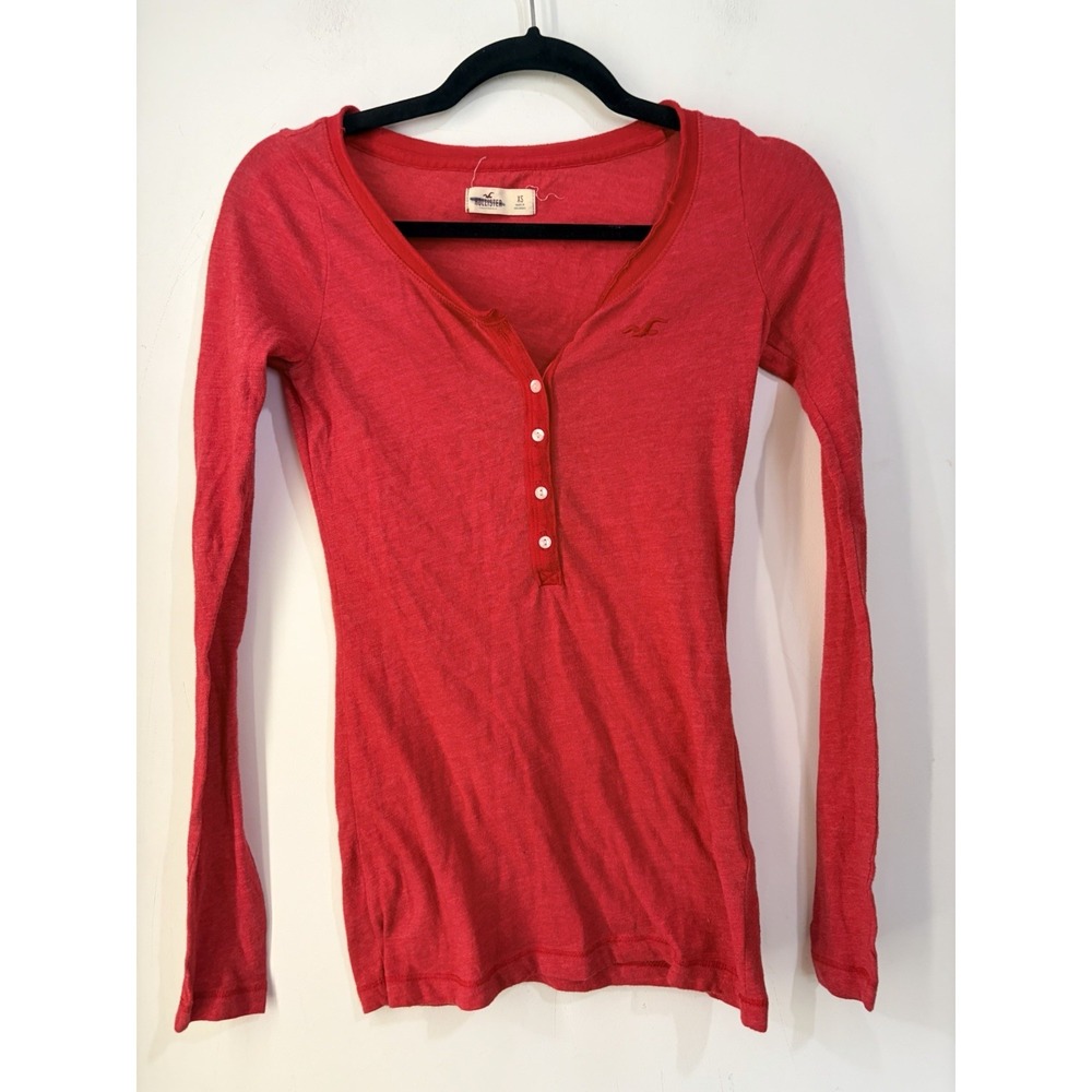 Y2K Hollister Red Henley Top Women's XS Long Sleeve Fitted 2000s Bella Swan